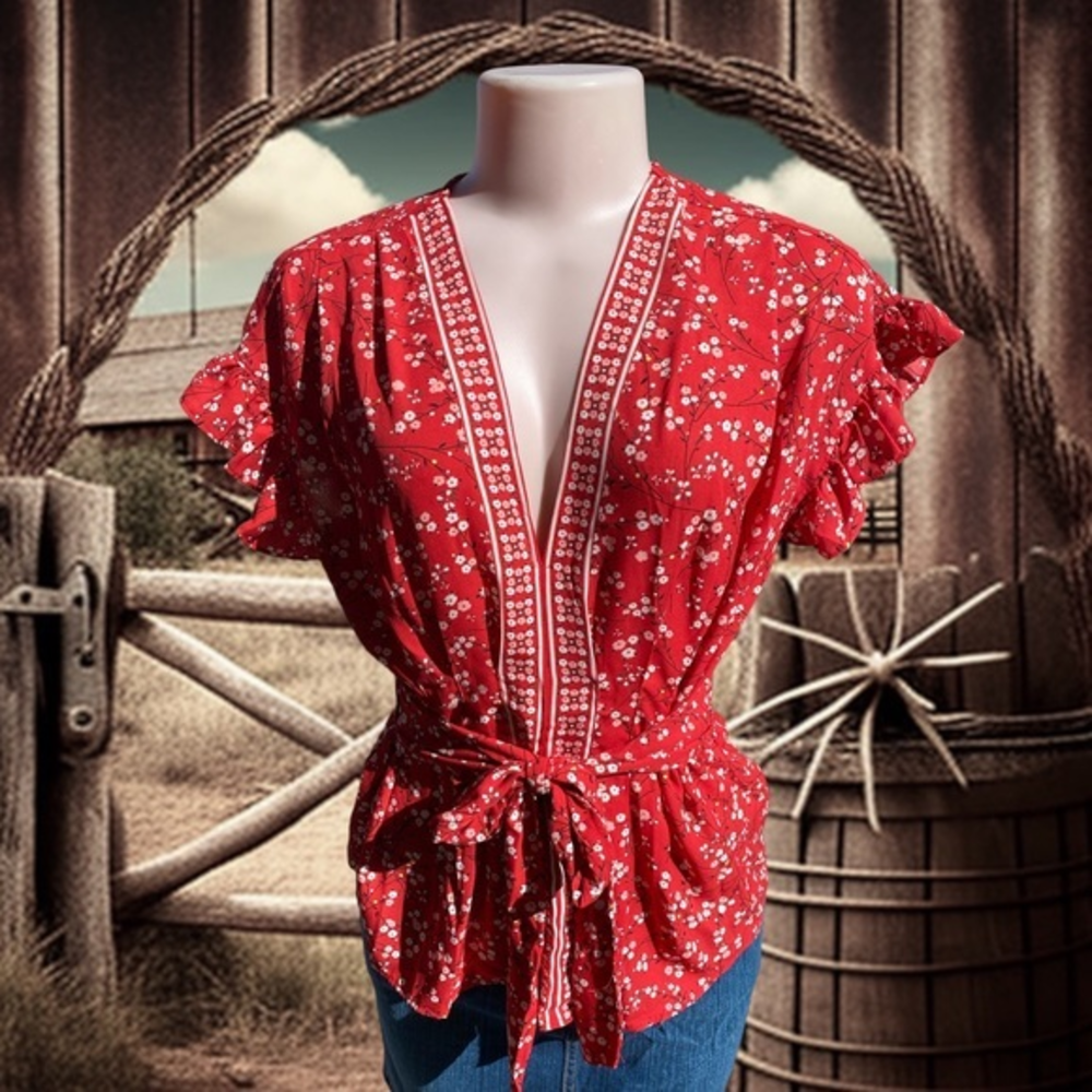 NWT Max Studio Red Floral Tie Waist Peasant Blouse XS